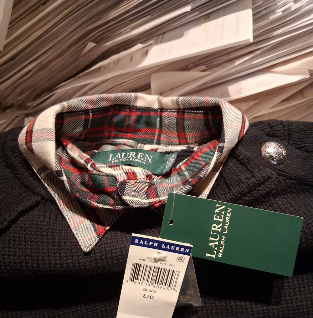 NWT RALPH LAUREN BLACK TARTAN CABLE CREW NECK BUTTONS SWEATERS L